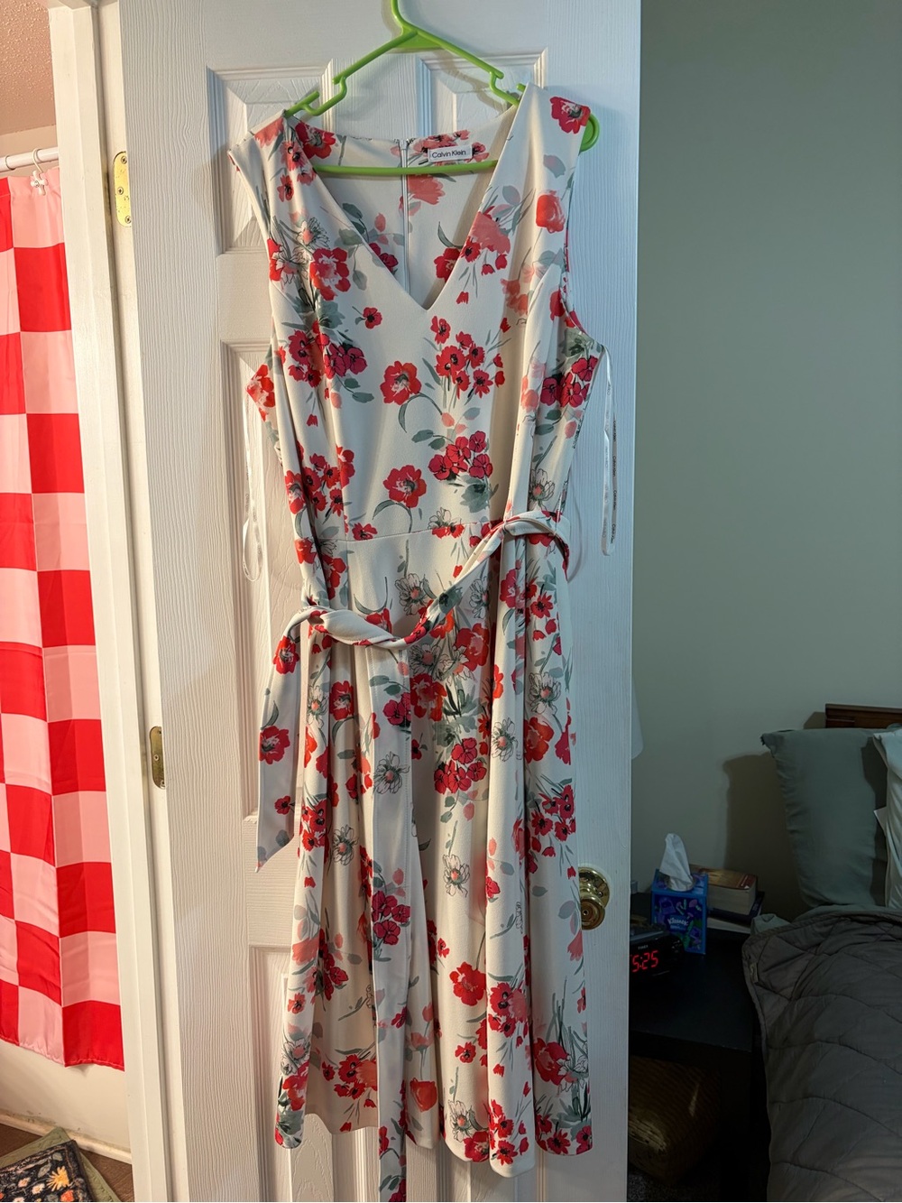 Calvin Klein Floral V-Neck Sleeveless Midi Dress in White and Red